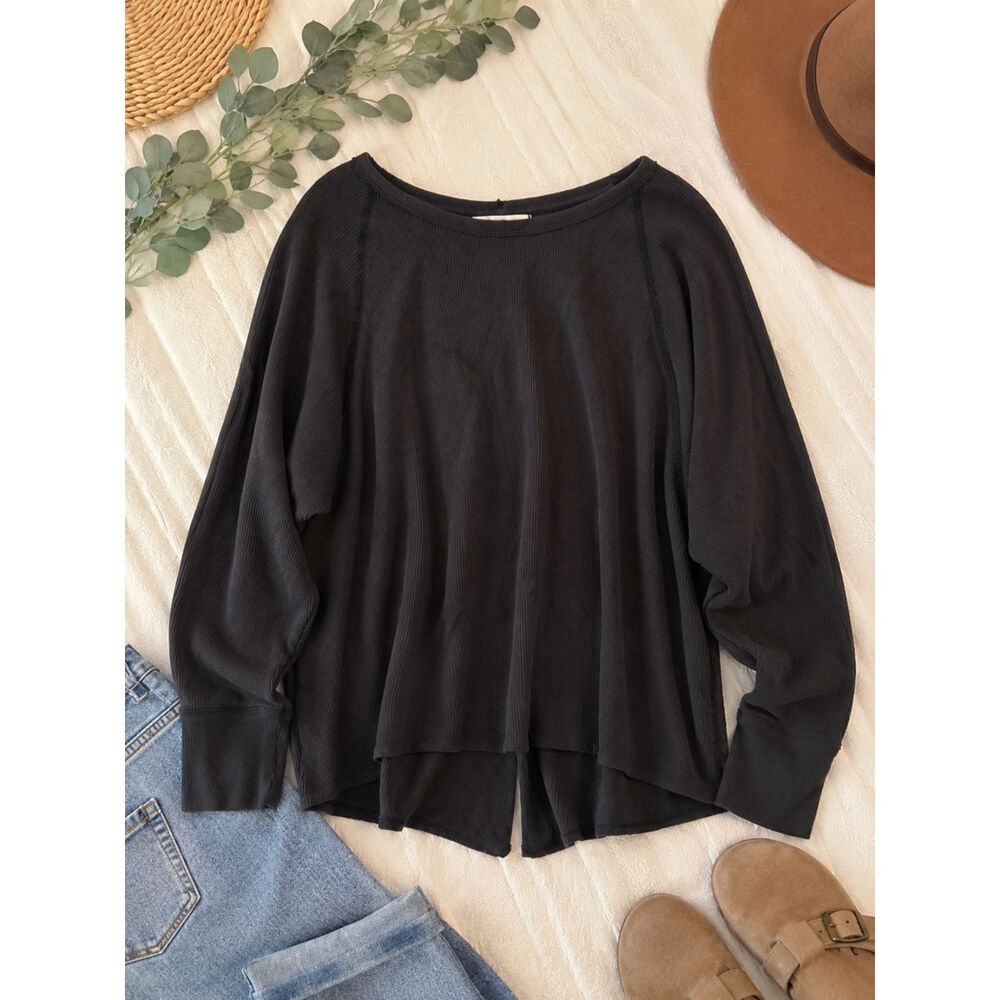 Free People We The Free Black Waffle Knit Oversized Long Sleeve Tunic Top Small